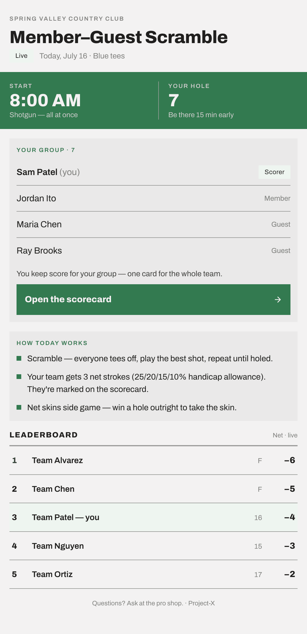 A golfer's event page on a phone: start time, starting hole, group and rules