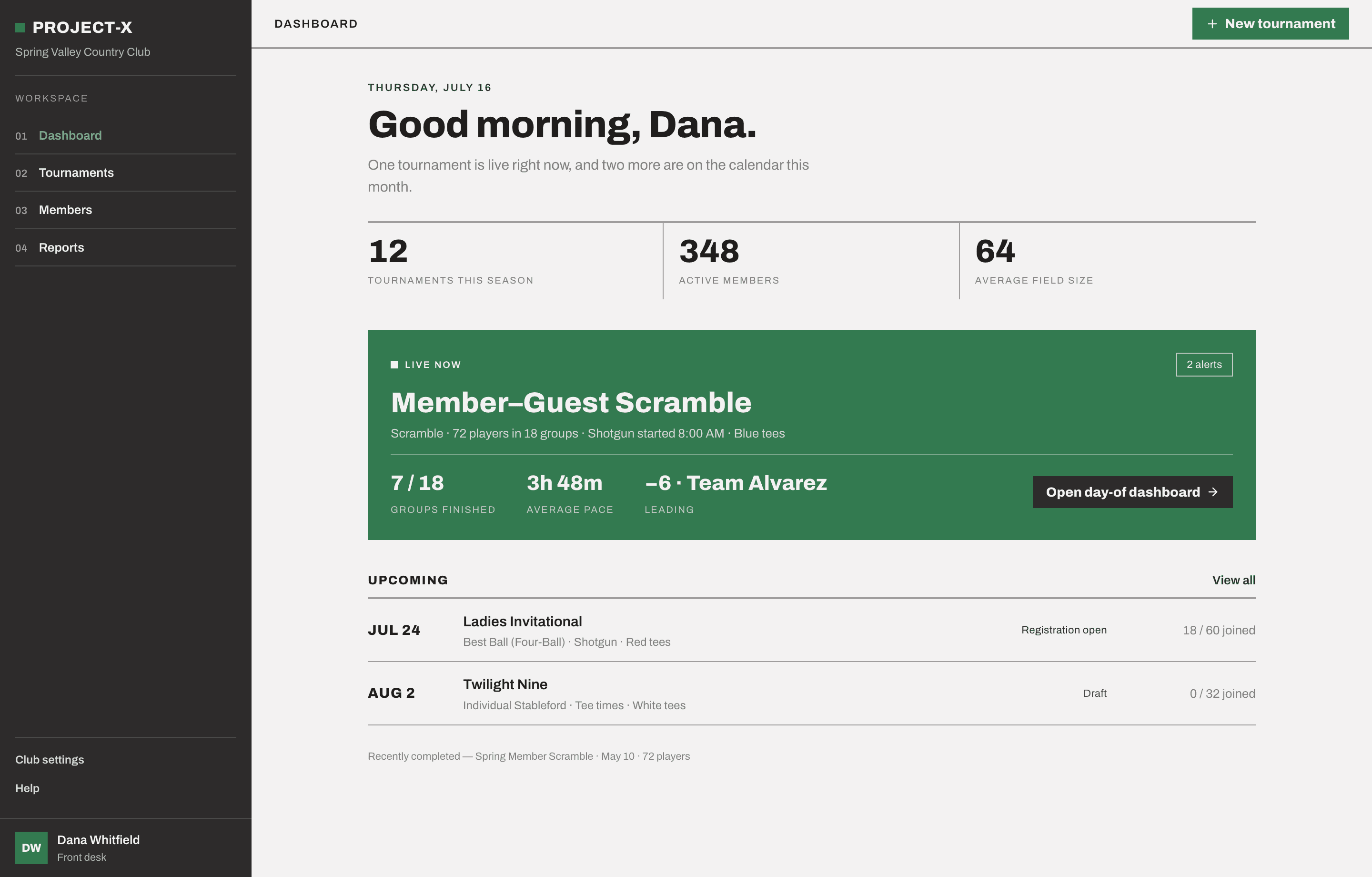 The Quartz dashboard on a laptop: a live scramble with groups finished, pace and alerts