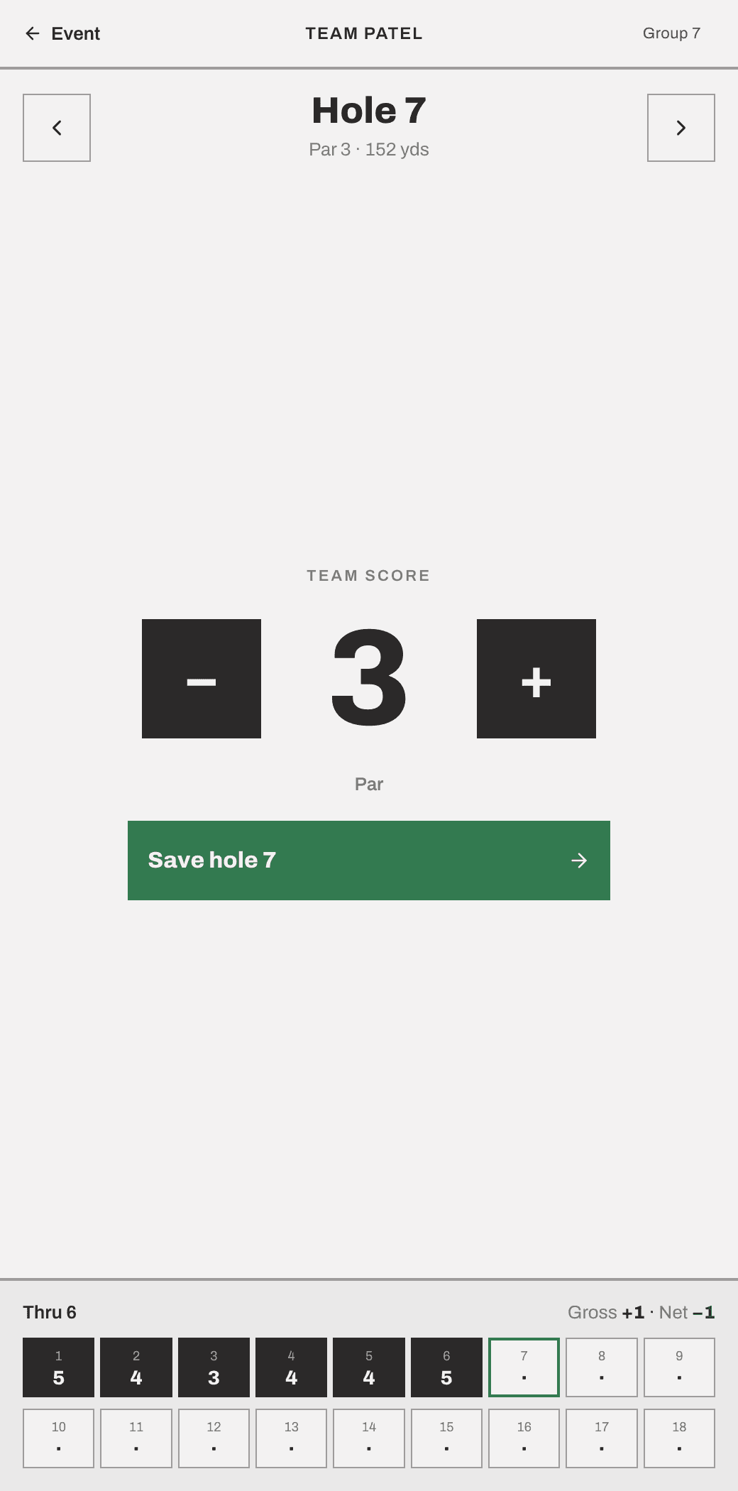 The golfer scorecard on a phone: big plus and minus steppers and a running total